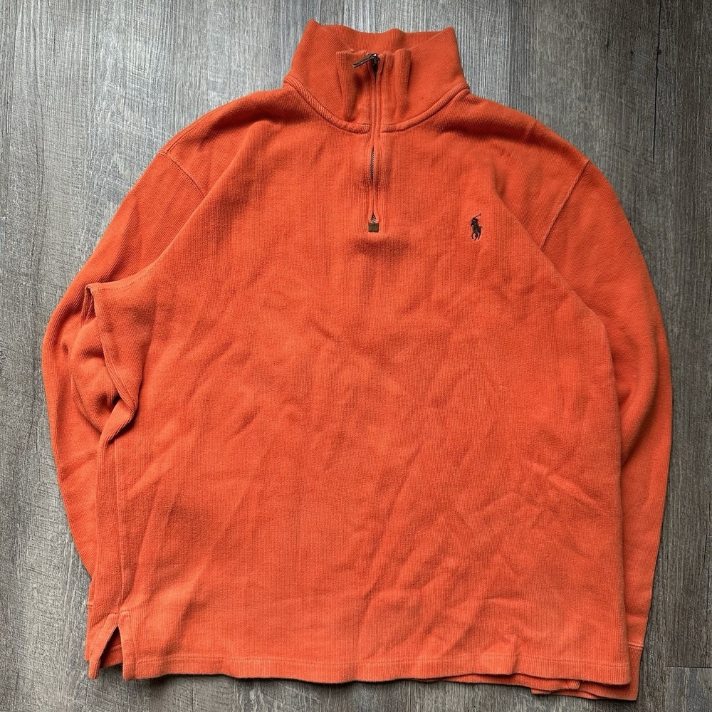 Polo Ralph Lauren Sweater Mens L‎ Orange 1/4 Zip Mock Neck Pony Logo Pullover